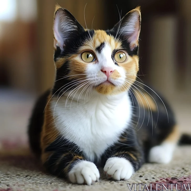 Calico Cat Portrait on a Rug AI Image