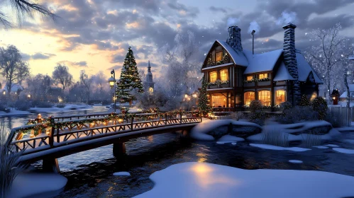 Winter Cottage with Festive Lights and Snow