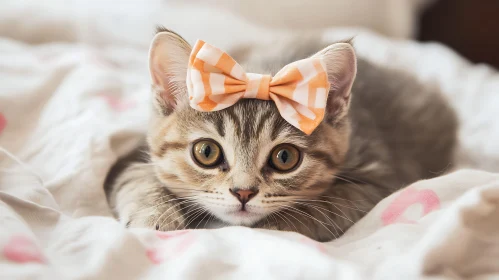 Tabby Kitten with Bow Relaxing on Soft Fabric