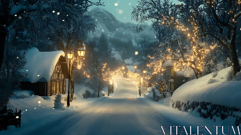 Enchanting Winter Village at Night AI Image