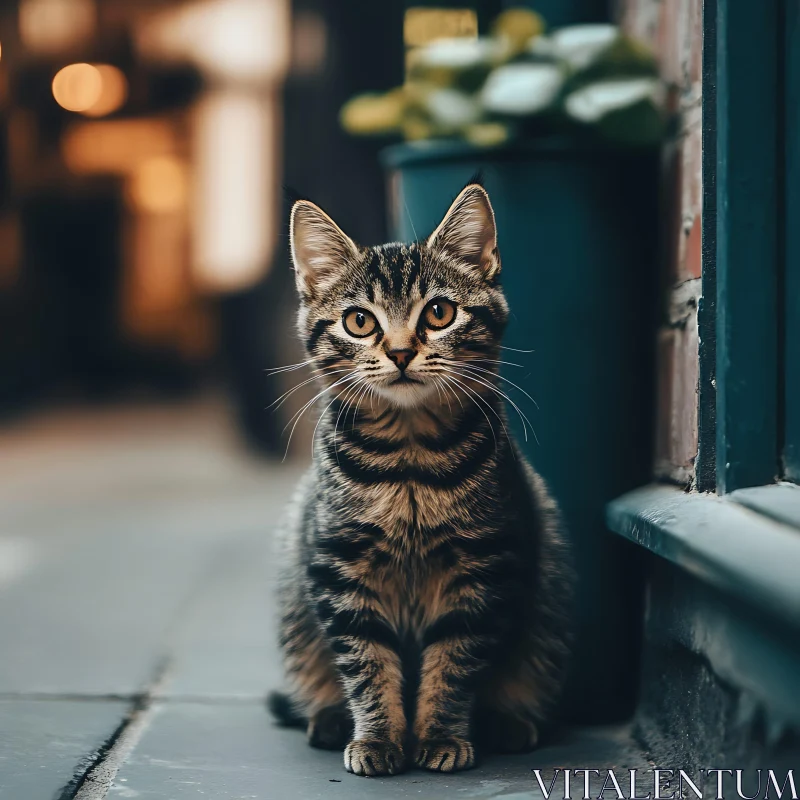 Cute Tabby Kitten in Cozy Urban Setting AI Image