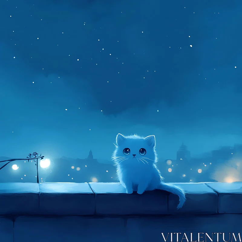 Cute Kitten at Night with City Lights AI Image