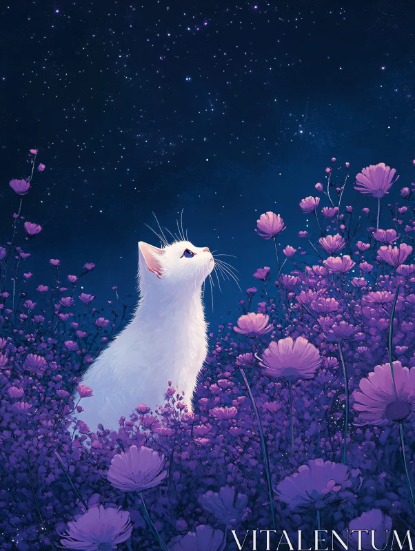 Cat in a Field of Purple Flowers at Night AI Image