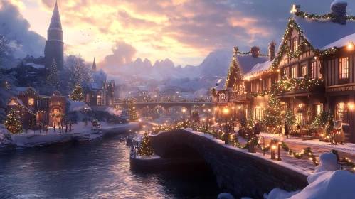 Festive Winter Village Scene at Dusk