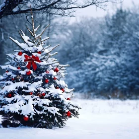 Festive Snow-Covered Christmas Tree in Scenic Winter Forest