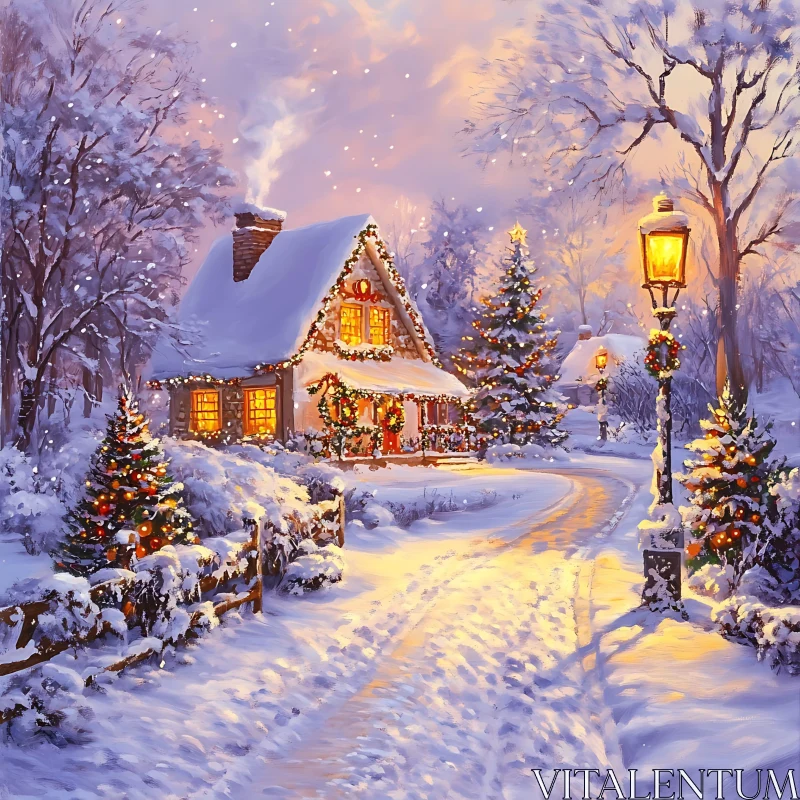 Magical Christmas Cottage in Snowy Landscape AI Image