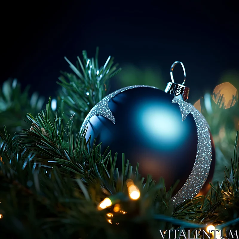 Shiny Blue Bauble with Glitter on Christmas Tree AI Image