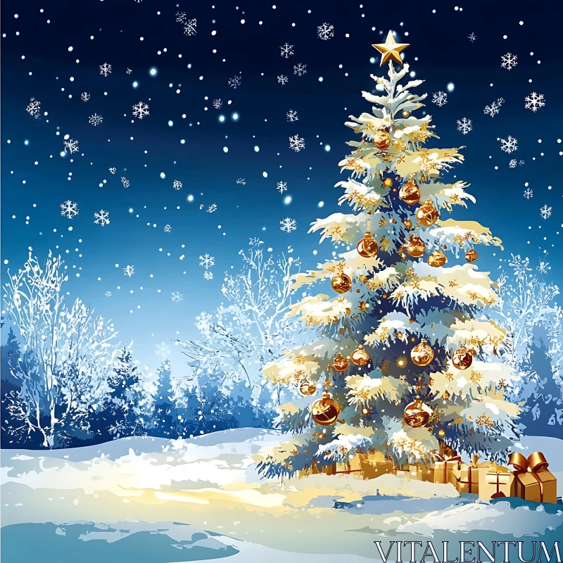 Snowy Christmas Eve with Decorated Tree AI Image