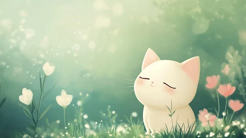 Serene Illustrated Kitten Amid Blooming Flowers