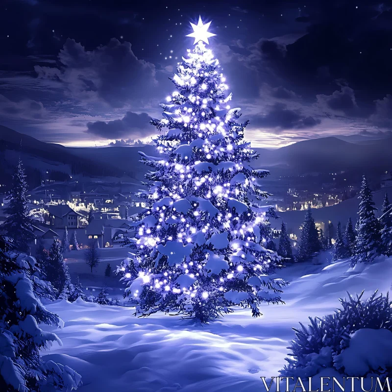 Magical Winter Scene with Christmas Tree and Lights AI Image