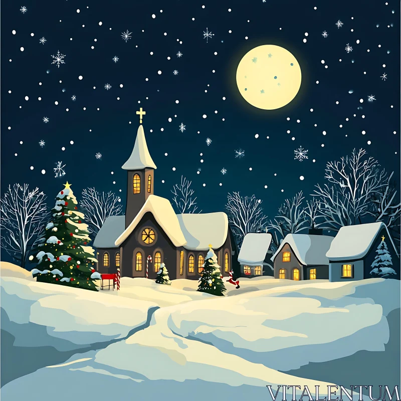 Cozy Snow-Covered Village with Church by Moonlight AI Image