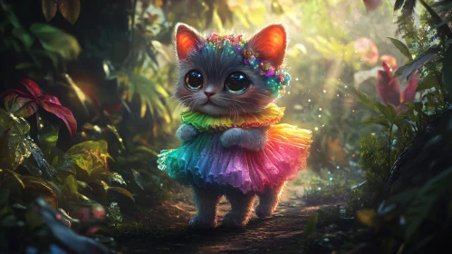 Colorful Cat in Magical Forest Setting