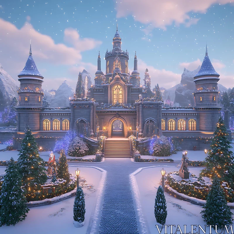 Majestic Snow-Covered Castle with Holiday Lights AI Image