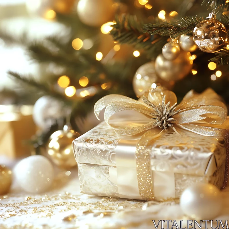 Festive Golden Gift with Ribbon Under Christmas Tree AI Image