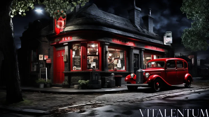 Captivating Red Car in Front of Old Shop - Monochromatic Beauty AI Image