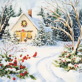 Tranquil Snowy Cabin Scene with Festive Cardinal