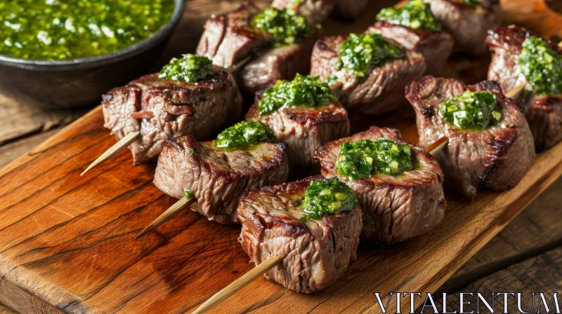Delicious Grilled Beef Tenderloin Skewers on Wooden Board AI Image