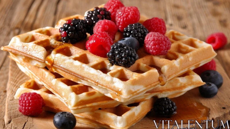 AI ART Delicious Plate of Waffles with Berries on a Wooden Table