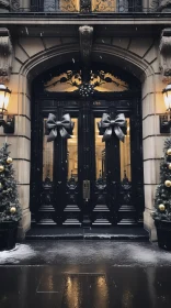 Elegant Black Door with Christmas Decorations | Gilded Age | New York City