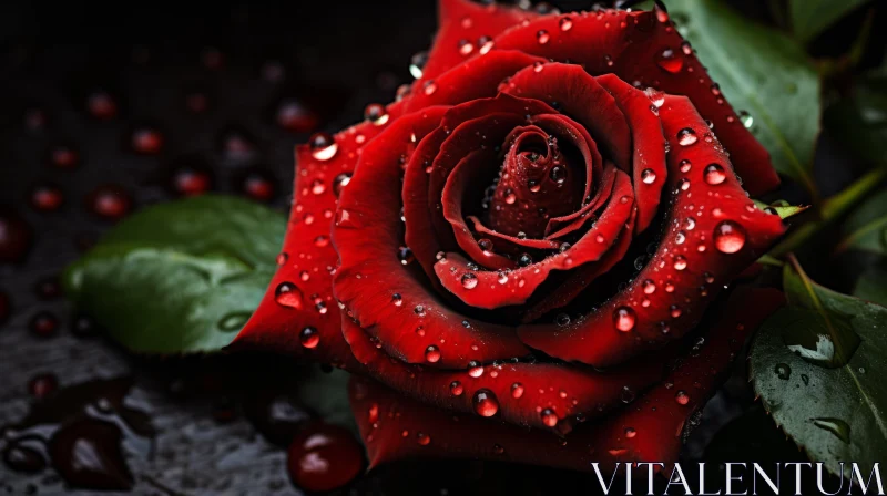 Gothic Style Red Rose with Water Droplets - Poetcore Blossom AI Image