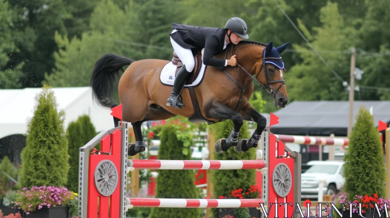 Graceful Equestrian Show: Person Leaping Over Majestic Horse AI Image