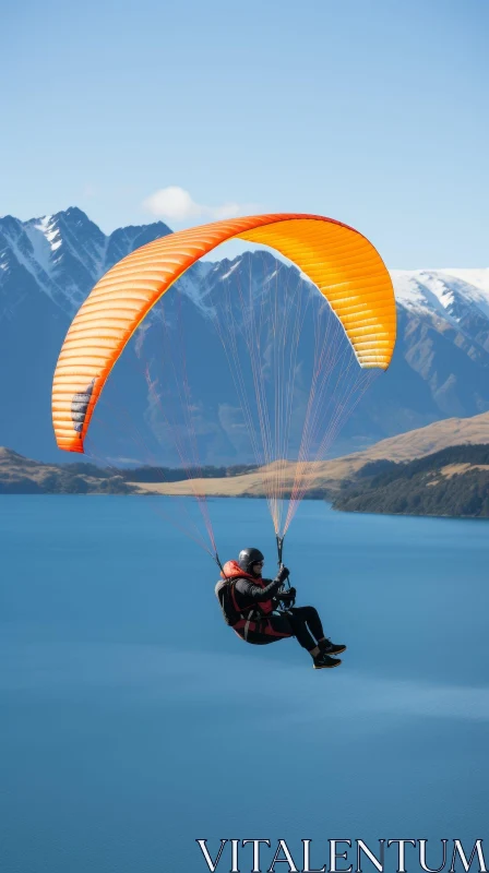 AI ART Paraglider Flying Over Snow-Capped Mountain Lake