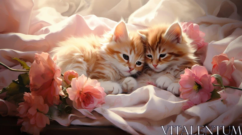 Peaceful Ginger Kittens Sleeping Among Pink Flowers AI Image