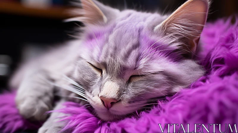 Peaceful Purple Cat Sleeping on Soft Fur Blanket AI Image