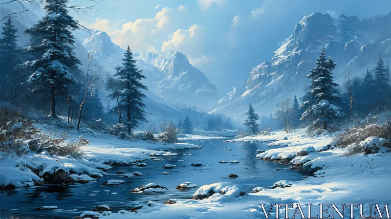 Serene Winter Landscape: River, Mountains, and Snow AI Image