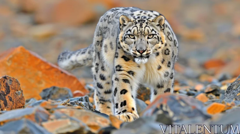Snow Leopard Walking on Rocky Terrain - Captivating Wildlife Photography AI Image