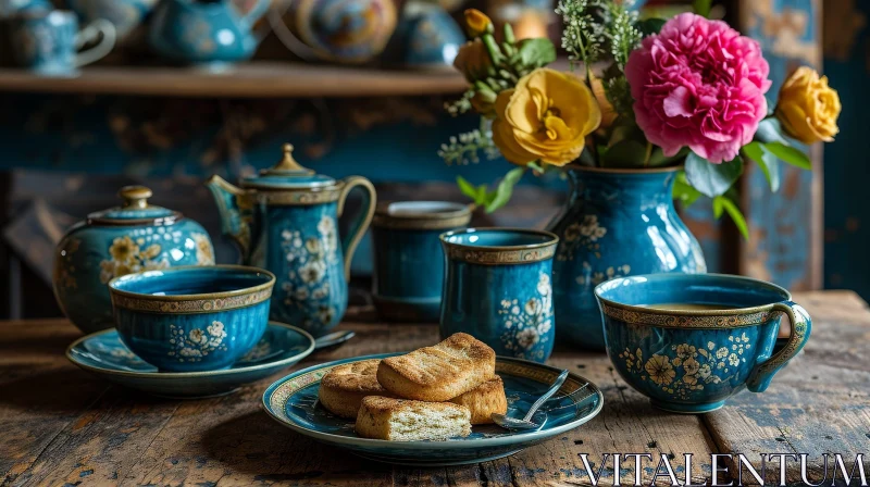 AI ART Table Setting with Blue and White Tea Set and Flowers