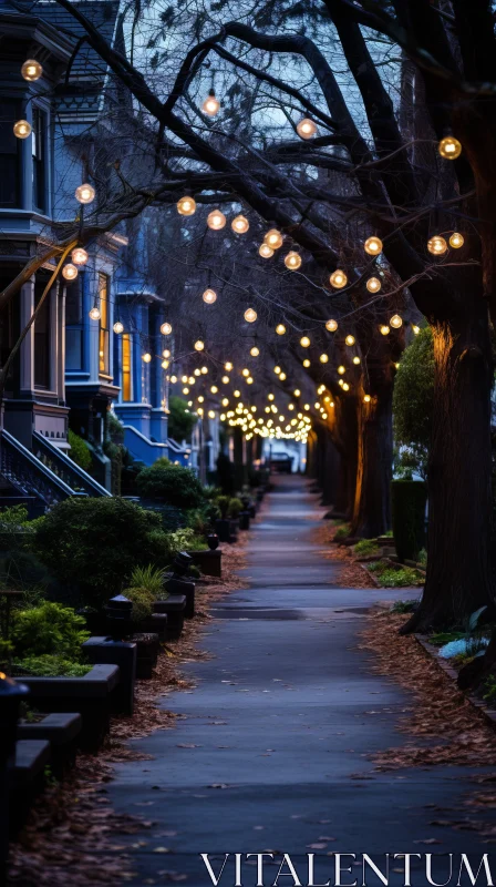 Whimsical Sidewalk Illuminated by Street Lights | Futuristic Victorian Charm AI Image