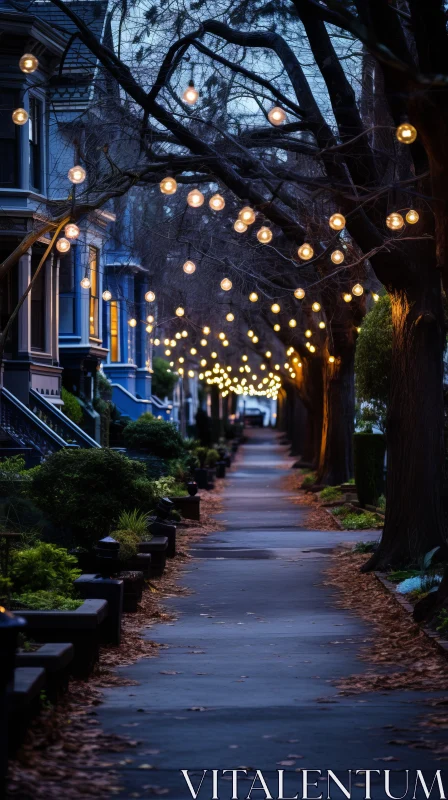 AI ART Whimsical Sidewalk Illuminated by Street Lights | Futuristic Victorian Charm