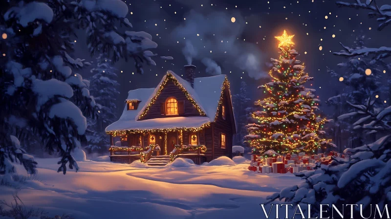 Snowy Christmas Cabin with Glowing Tree AI Image