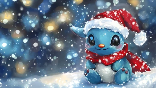 Festive Blue Cartoon Character in Snow