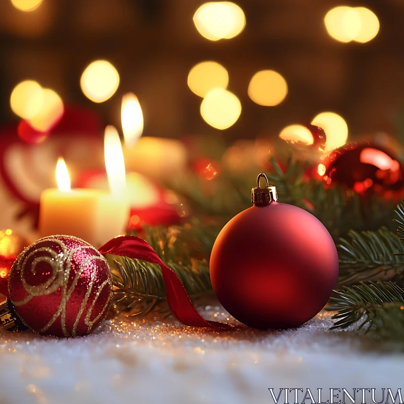 Cozy Christmas Scene with Baubles and Pine Branches AI Image