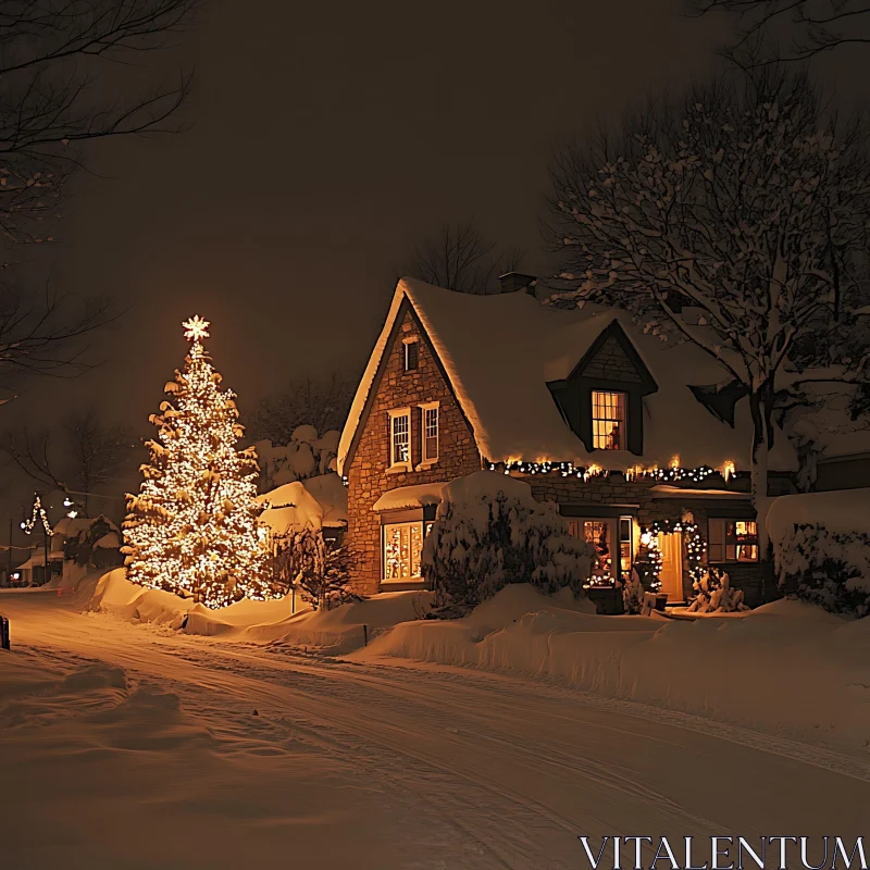 Festive Winter Night: Illuminated Christmas Tree and House AI Image