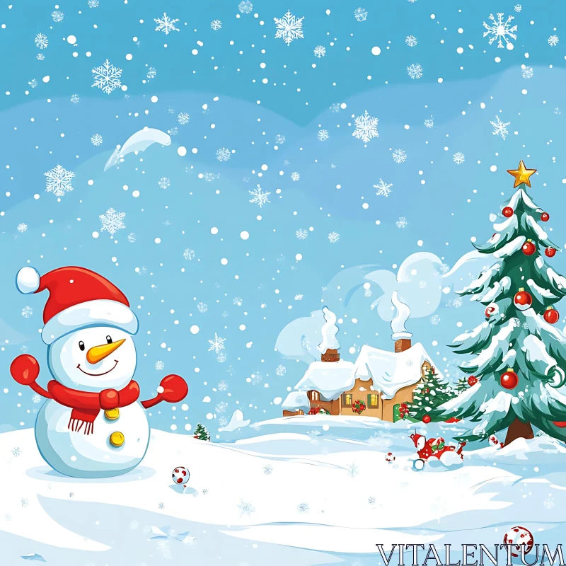 Snowy Christmas Scene with Snowman and Cottage AI Image