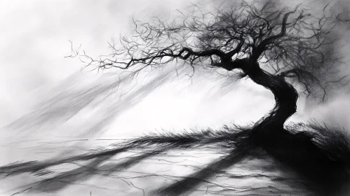 Solitary Leafless Tree in Black and White Sketch