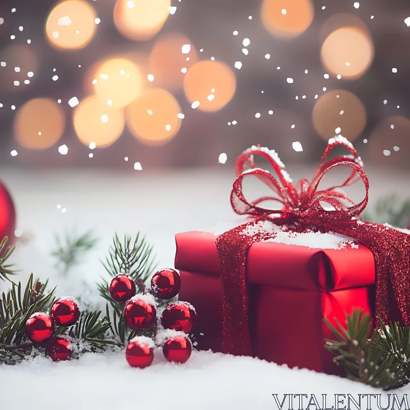 Festive Red Gift Box with Bokeh Lights in Snow AI Image