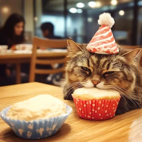 Cat Celebrating with a Cupcake