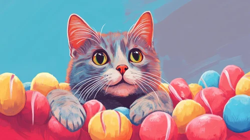 Digitally Illustrated Cat with Colorful Surroundings