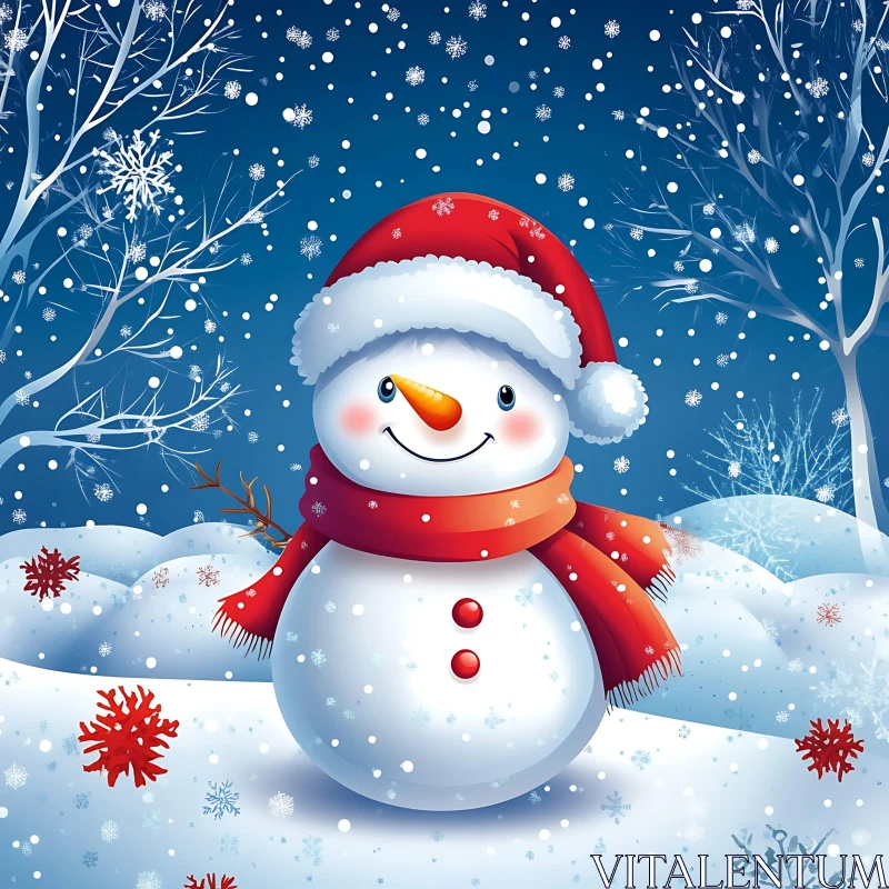 Snowman with Santa Hat and Scarf in Winter Scene AI Image