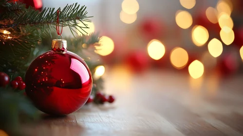 Close-Up of Red Holiday Bauble on Tree