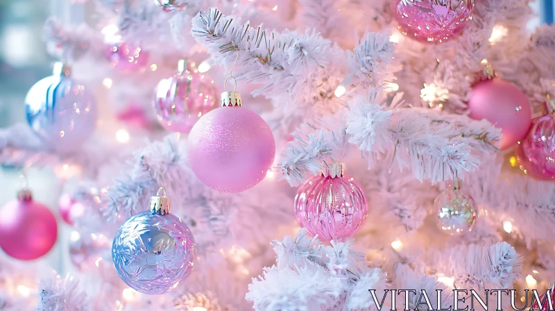 AI ART Festive White Christmas Tree with Pink and Blue Decorations