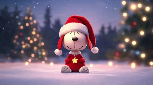 Cartoon Dog as Santa in a Snowy Christmas Setting