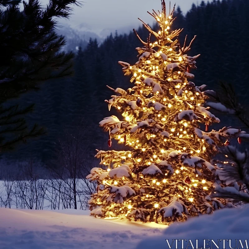 Snowy Christmas Tree with Festive Lights in Winter Wonderland AI Image