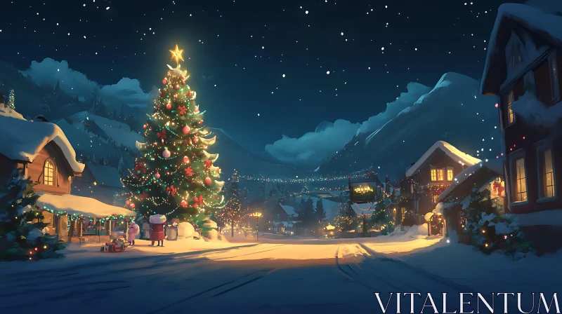 Serene Christmas Night in a Snow-covered Village AI Image