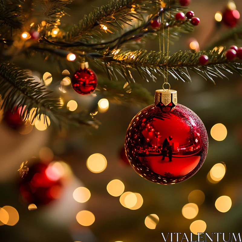 Festive Red Ornament on Christmas Tree AI Image