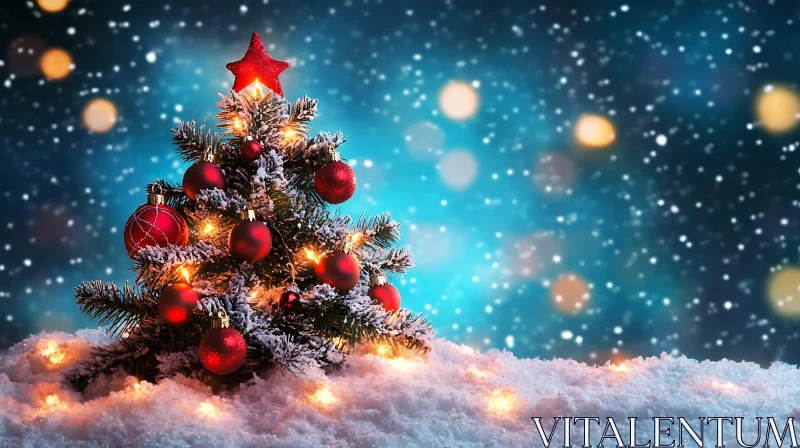 Festive Christmas Tree with Lights and Snow AI Image